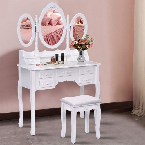 자이언텍스 Giantex Tri Folding Oval Mirror Wood Bathroom Vanity Makeup Table Set with Stool &7 Drawers (White)