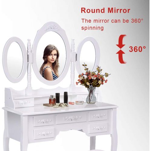 자이언텍스 Giantex Tri Folding Oval Mirror Wood Bathroom Vanity Makeup Table Set with Stool &7 Drawers (White)