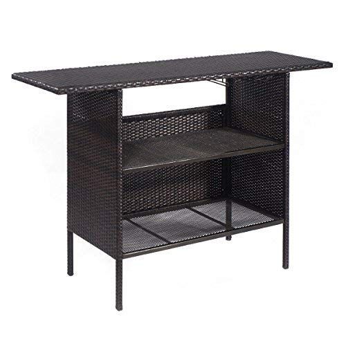 자이언텍스 Giantex Outdoor Patio Rattan Wicker Bar Counter Table with 2 Steel Shelves, 2 Sets of Rails Garden Patio Furniture, 55.1X18.5X36.2(LXWXH), Brown