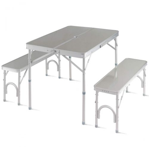 자이언텍스 Giantex Aluminum Folding Camping Table Outdoor Portable Picnic Suitcase Table Set w/Bench 4 Seat, Silver-36 L