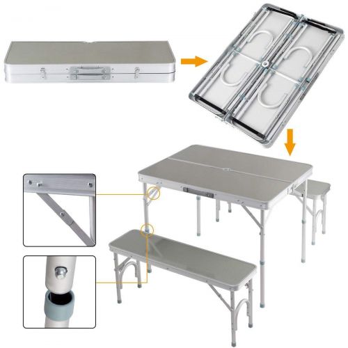 자이언텍스 Giantex Aluminum Folding Camping Table Outdoor Portable Picnic Suitcase Table Set w/Bench 4 Seat, Silver-36 L