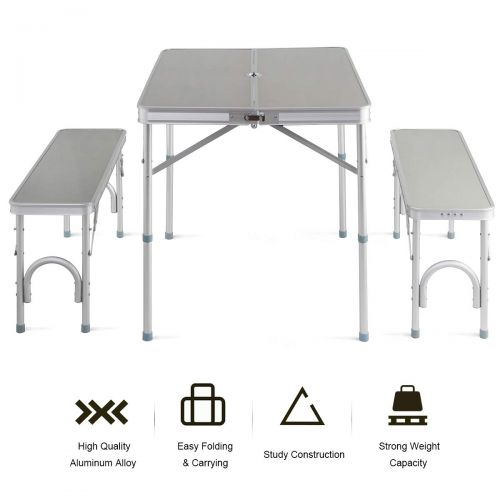 자이언텍스 Giantex Aluminum Folding Camping Table Outdoor Portable Picnic Suitcase Table Set w/Bench 4 Seat, Silver-36 L