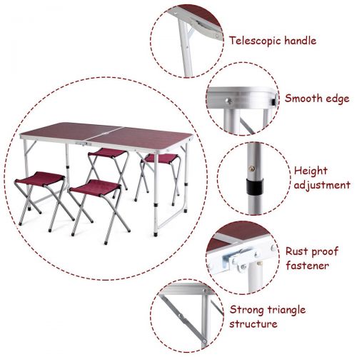 자이언텍스 Giantex Picnic Folding Table and 4 Chairs Height Adjustable Table Aluminum Folding Portable Lightweight Stool and Table Set for Indoor Outdoor Party Camping Home Dining Room Use