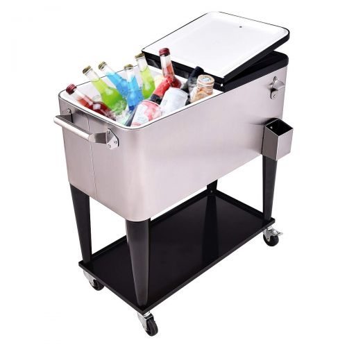 자이언텍스 Giantex 80 Quart Patio Cooler Rolling Cooler Ice Chest with Shelf, Wheels and Bottle Opener, Stainless Steel Ice Chest Portable Patio Party Drink Cooling Cart Beverage Cooler Cart