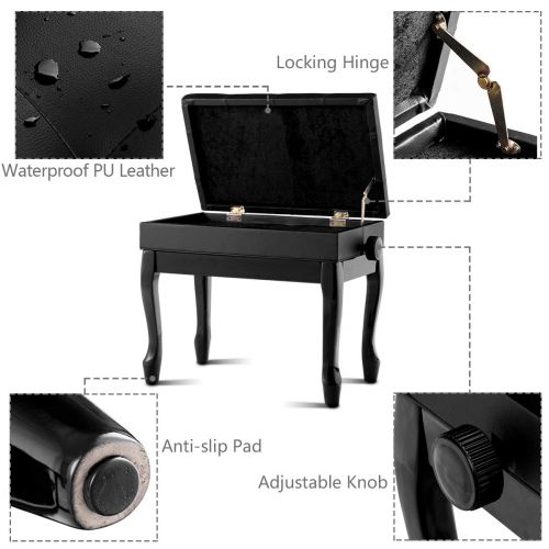 자이언텍스 Giantex Adjustable Wooden Piano Bench with Music Storage and Padded Cushion, PU Leather Comfortable Keyboard Stool with Anti-Slip Pad, Piano Stool with Adjustable Height (Black)