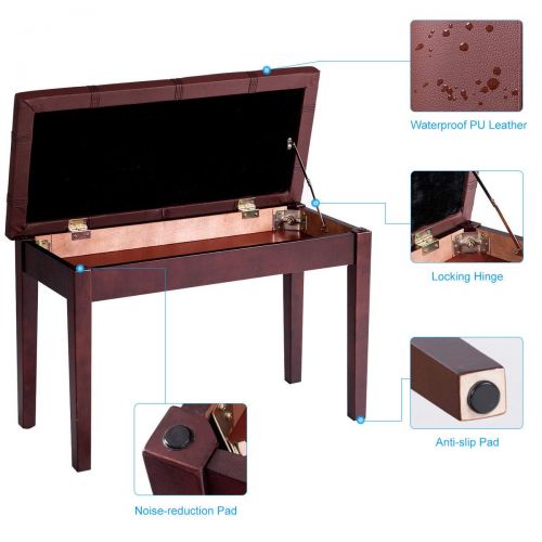 자이언텍스 Giantex Wooden Duet Piano Bench with Padded Cushion and Music Storage, PU Leather Keyboard Seat Piano Stool with Solid Locking Hinge and Anti-Slip Pad, Perfect for Home Use (brown)