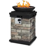 Giantex Propane Firebowl Column, 40,000 BTU Outdoor Gas Fire Pit, Compact Ledgestone Firepit Table with Lava Rocks and Rain Cover