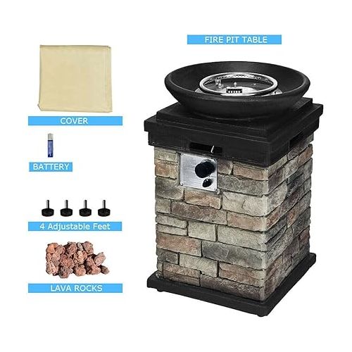 자이언텍스 Giantex Propane Firebowl Column, 40,000 BTU Outdoor Gas Fire Pit, Compact Ledgestone Firepit Table with Lava Rocks and Rain Cover