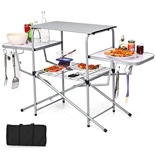 자이언텍스 Giantex Aluminum Folding Grill Table, with Hooks and Storage Lower Shelf,Easy to Carry with Carrying Bag, Great for BBQ, Picnics, RVing and Backyards