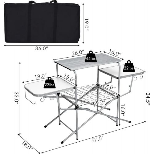 자이언텍스 Giantex Aluminum Folding Grill Table, with Hooks and Storage Lower Shelf,Easy to Carry with Carrying Bag, Great for BBQ, Picnics, RVing and Backyards