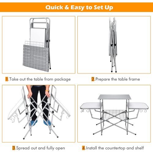 자이언텍스 Giantex Aluminum Folding Grill Table, with Hooks and Storage Lower Shelf,Easy to Carry with Carrying Bag, Great for BBQ, Picnics, RVing and Backyards