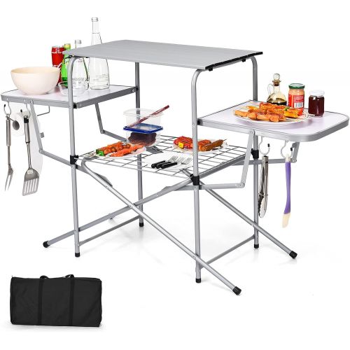 자이언텍스 Giantex Aluminum Folding Grill Table, with Hooks and Storage Lower Shelf,Easy to Carry with Carrying Bag, Great for BBQ, Picnics, RVing and Backyards