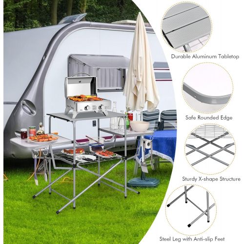 자이언텍스 Giantex Aluminum Folding Grill Table, with Hooks and Storage Lower Shelf,Easy to Carry with Carrying Bag, Great for BBQ, Picnics, RVing and Backyards