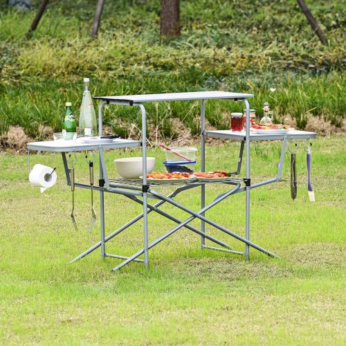 자이언텍스 Giantex Aluminum Folding Grill Table, with Hooks and Storage Lower Shelf,Easy to Carry with Carrying Bag, Great for BBQ, Picnics, RVing and Backyards