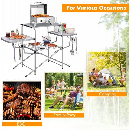 자이언텍스 Giantex Aluminum Folding Grill Table, with Hooks and Storage Lower Shelf,Easy to Carry with Carrying Bag, Great for BBQ, Picnics, RVing and Backyards