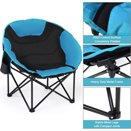 자이언텍스 Giantex Folding Camping Chair Moon Saucer Chair Lightweight Sofa Chair Round Beach Chair with Soft Padded Seat, Cup Holder, Back Bag and Metal Frame Chairs for Hiking, Camping, Fis