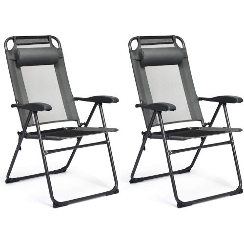자이언텍스 Giantex Set of 2 Patio Dining Chairs, Folding Lounge Chairs with 7 Level Adjustable Backrest, Headrest, 300 Lbs Capacity, Outdoor Portable Chairs with Metal Frame (2, Gray)