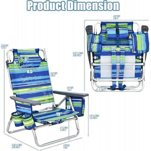 자이언텍스 Giantex Beach Chair 2-Pack Sling Camping Chair, Patio Reclining Chairs with 5 Adjustable Position, Head Pillow, Storage Bag, Towel Bar, Cup Holders, Ice Pack Folding Lawn Chairs (2