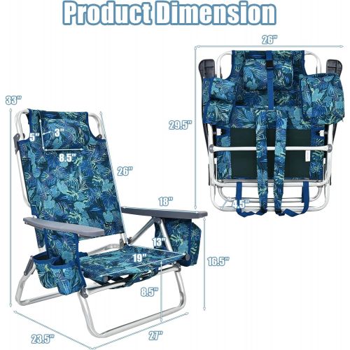 자이언텍스 Giantex Beach Chair 2-Pack Sling Camping Chair, Patio Reclining Chairs with 5 Adjustable Position, Head Pillow, Storage Bag, Towel Bar, Cup Holders, Ice Pack Folding Lawn Chairs (2