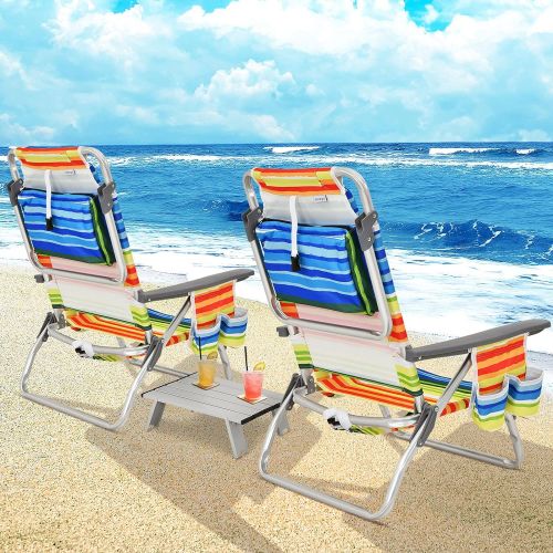 자이언텍스 Giantex Camping Chair Set Beach Sling Chair, Patio Reclining Chairs Set with Side Table, 5 Adjustable Position, Storage Bag, Cup Holders Outdoor Folding Lawn Chairs and Table Set (