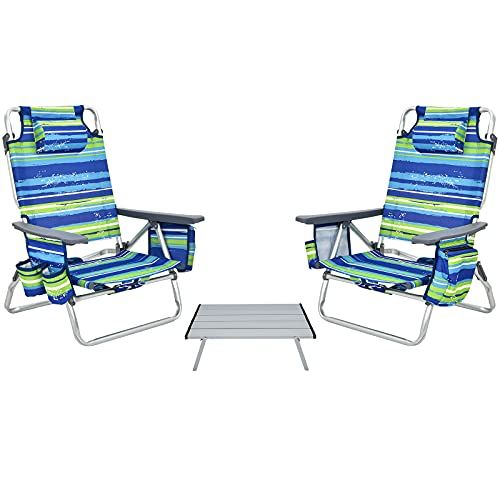 자이언텍스 Giantex Camping Chair Set Beach Sling Chair, Patio Reclining Chairs Set with Side Table, 5 Adjustable Position, Storage Bag, Cup Holders Outdoor Folding Lawn Chairs and Table Set (