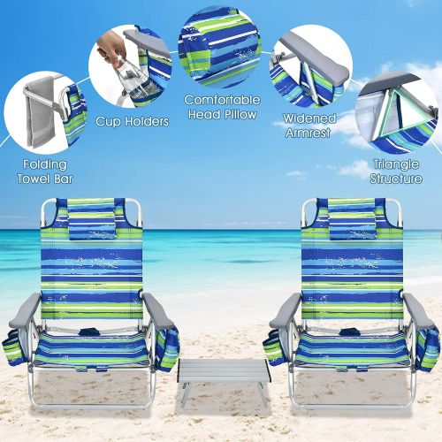 자이언텍스 Giantex Camping Chair Set Beach Sling Chair, Patio Reclining Chairs Set with Side Table, 5 Adjustable Position, Storage Bag, Cup Holders Outdoor Folding Lawn Chairs and Table Set (