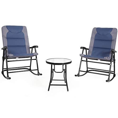 자이언텍스 Giantex 3 PCS Folding Bistro Set Outdoor Patio Rocking Chairs Round Table Set 2 Rocking Chairs w/Glass Coffee Table for Yard, Patio, Deck, Backyard Padded Seat (Blue & Gray)