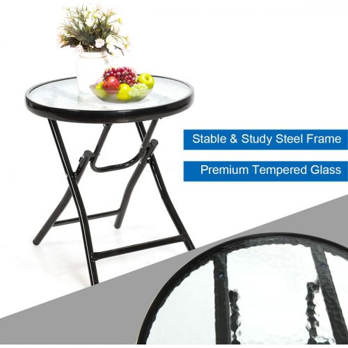 자이언텍스 Giantex 3 PCS Folding Bistro Set Outdoor Patio Rocking Chairs Round Table Set 2 Rocking Chairs w/Glass Coffee Table for Yard, Patio, Deck, Backyard Padded Seat (Blue & Gray)