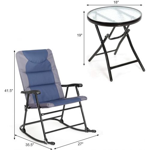 자이언텍스 Giantex 3 PCS Folding Bistro Set Outdoor Patio Rocking Chairs Round Table Set 2 Rocking Chairs w/Glass Coffee Table for Yard, Patio, Deck, Backyard Padded Seat (Blue & Gray)