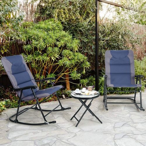 자이언텍스 Giantex 3 PCS Folding Bistro Set Outdoor Patio Rocking Chairs Round Table Set 2 Rocking Chairs w/Glass Coffee Table for Yard, Patio, Deck, Backyard Padded Seat (Blue & Gray)