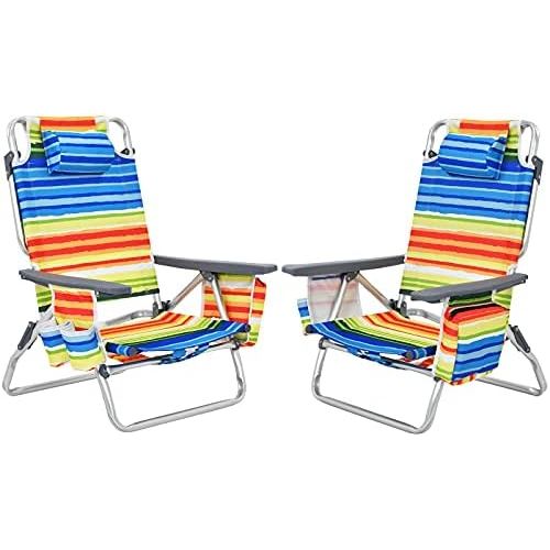 자이언텍스 Giantex Camping Chair 2-Pack Beach Sling Chair, Patio Reclining Chairs with 5 Adjustable Position, Head Pillow, Storage Bag, Towel Bar, Cup Holders, Ice Pack Outdoor Folding Lawn C