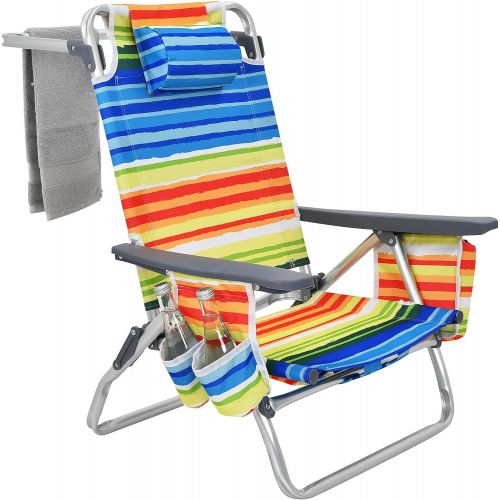 자이언텍스 Giantex Beach Chair 4-Pack Sling Camping Chair, Sunbathing Chairs with 5 Adjustable Position, Head Pillow, Storage Bag, Towel Bar, Cup Holders, Folding Fishing Backpack Lawn Chairs