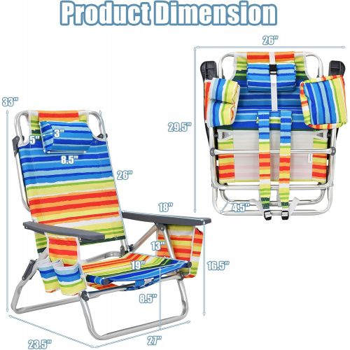 자이언텍스 Giantex Beach Chair 4-Pack Sling Camping Chair, Sunbathing Chairs with 5 Adjustable Position, Head Pillow, Storage Bag, Towel Bar, Cup Holders, Folding Fishing Backpack Lawn Chairs