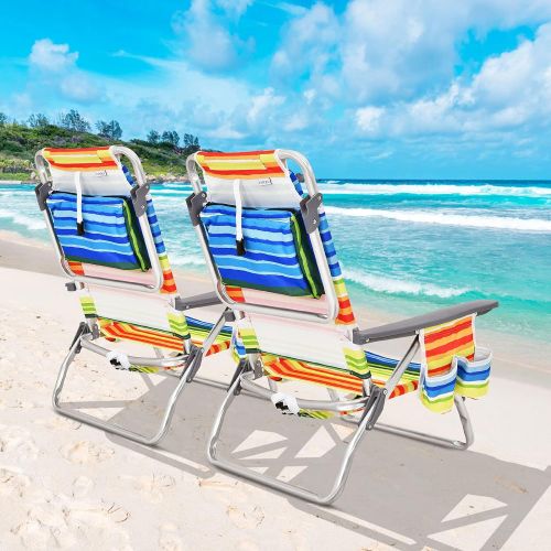 자이언텍스 Giantex Beach Chair 4-Pack Sling Camping Chair, Sunbathing Chairs with 5 Adjustable Position, Head Pillow, Storage Bag, Towel Bar, Cup Holders, Folding Fishing Backpack Lawn Chairs