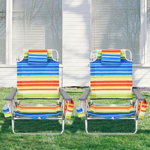 자이언텍스 Giantex Beach Chair 4-Pack Sling Camping Chair, Sunbathing Chairs with 5 Adjustable Position, Head Pillow, Storage Bag, Towel Bar, Cup Holders, Folding Fishing Backpack Lawn Chairs