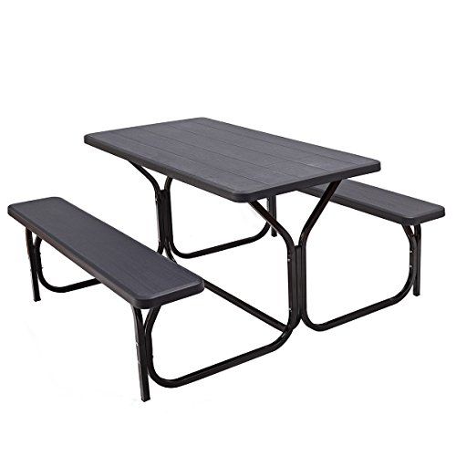 자이언텍스 Giantex Picnic Table Bench Set Outdoor Camping All Weather Metal Base Wood-Like Texture Backyard Poolside Dining Party Garden Patio Lawn Deck Large Camping Picnic Tables for Adult