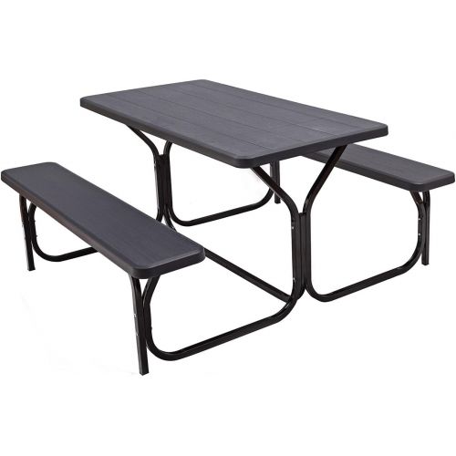 자이언텍스 Giantex Picnic Table Bench Set Outdoor Camping All Weather Metal Base Wood-Like Texture Backyard Poolside Dining Party Garden Patio Lawn Deck Large Camping Picnic Tables for Adult