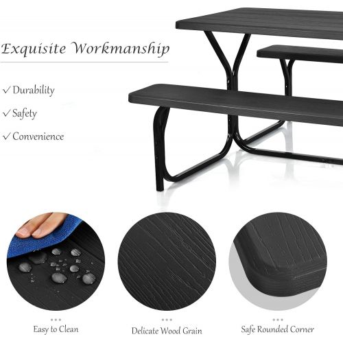 자이언텍스 Giantex Picnic Table Bench Set Outdoor Camping All Weather Metal Base Wood-Like Texture Backyard Poolside Dining Party Garden Patio Lawn Deck Large Camping Picnic Tables for Adult