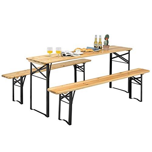 자이언텍스 Giantex 70” 3-Piece Portable Folding Picnic Beer Table with Seating Set Wooden Top Picnic Table for Patio Outdoor Activities Garden Use, 30” Table Height