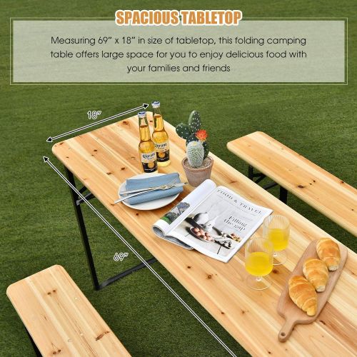 자이언텍스 Giantex 70” 3-Piece Portable Folding Picnic Beer Table with Seating Set Wooden Top Picnic Table for Patio Outdoor Activities Garden Use, 30” Table Height