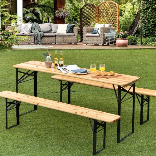 자이언텍스 Giantex 70” 3-Piece Portable Folding Picnic Beer Table with Seating Set Wooden Top Picnic Table for Patio Outdoor Activities Garden Use, 30” Table Height