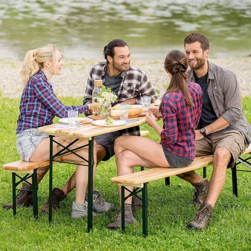 자이언텍스 Giantex 70” 3-Piece Portable Folding Picnic Beer Table with Seating Set Wooden Top Picnic Table for Patio Outdoor Activities Garden Use, 30” Table Height