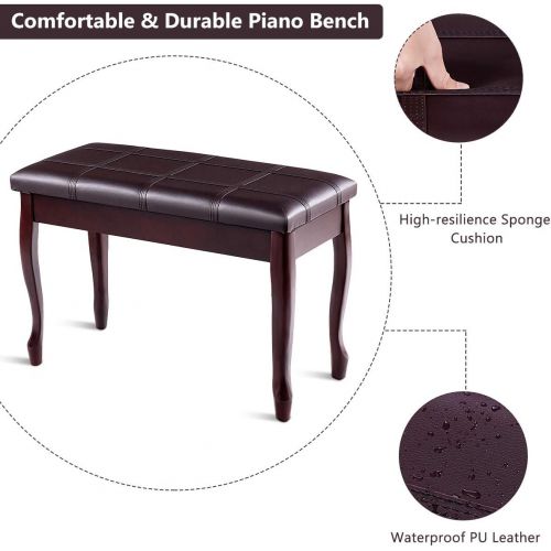 자이언텍스 Giantex Piano Bench PU Leather W/Padded Cushion and Music Storage, Comfortable Double Duet Seat, Wooden Legs, Perfect for Professional or Home Use Piano Stool (Brown)