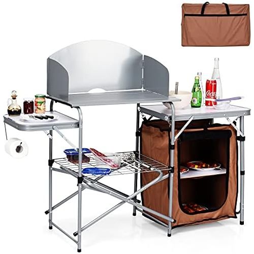 자이언텍스 Giantex Folding Grill Table with 26 Tabletop and Detachable Windscreen, Aluminum Portable Camp Cook Station Carry Bag Quick Set-up, BBQ Camping Picnic Backyard Outdoor Camping Kitc