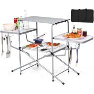 Giantex Aluminum Folding Grill Table, with Hooks and Storage Lower Shelf,Easy to Carry with Carrying Bag, Great for BBQ, Picnics, RVing and Backyards