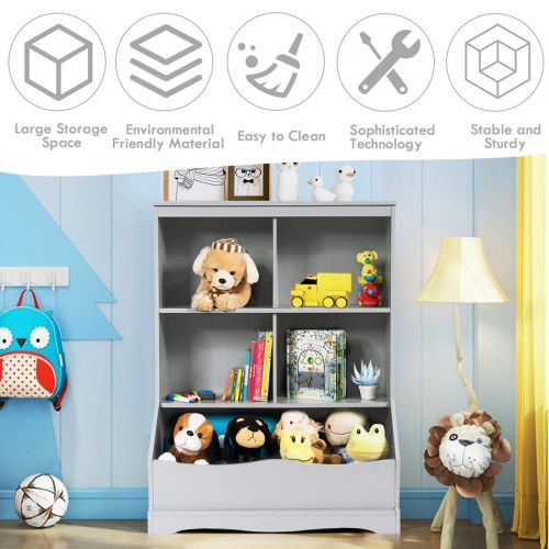 자이언텍스 Giantex Cubby Toy Organizer, Wood Storage Cabinet, 3 Shelf 4 Cube Units, Storage Bins Cubbies for Kids’ Collections (Gray)