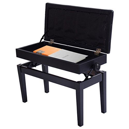 자이언텍스 Giantex Piano Bench wMusic Storage Double Duet Solid Wood PU Leather Padded Seat Height Adjustable, Black