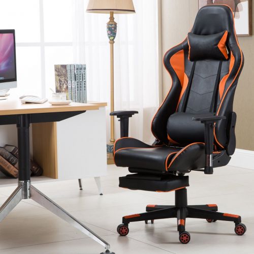 자이언텍스 Giantex Gaming Chair Racing Chair High Back Reclining Lumbar Support, Headrest and Footrest Office Swivel Computer Task Desk Gaming Chair (Orange)