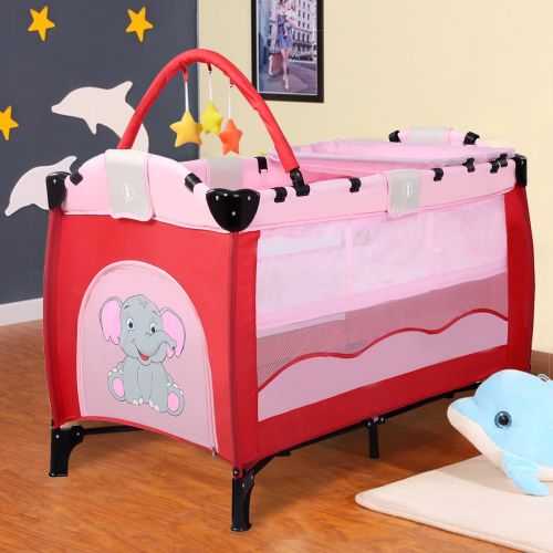 자이언텍스 Giantex Pink Baby Crib Playpen Playard Pack Travel Infant Bassinet Bed Foldable