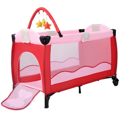 자이언텍스 Giantex Pink Baby Crib Playpen Playard Pack Travel Infant Bassinet Bed Foldable